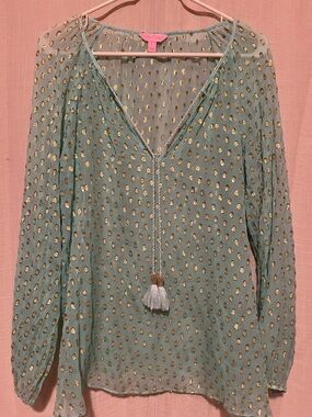 Lilly Pulitzer Silk Metallic Polka Dot Tassel Top Sheer Boho Blouse L